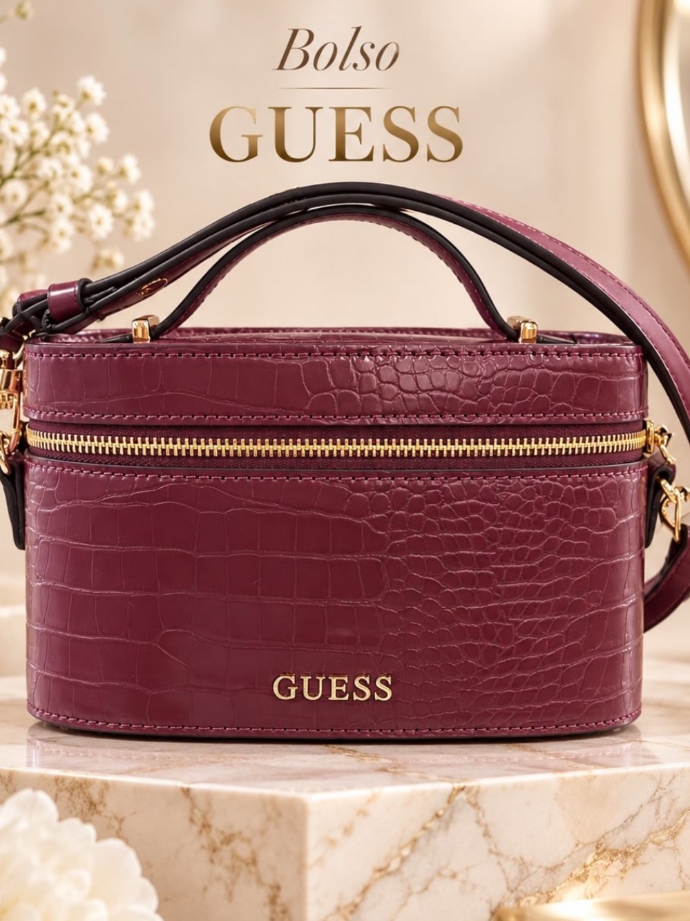 GUESS Burgundy Croc-Embossed Barrel Crossbody Bag